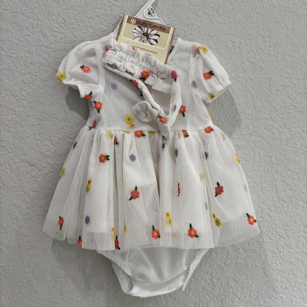 NWT Daisy Fuentes Baby Girl Dress Set 0-3 Months Floral Embroidered Headband
